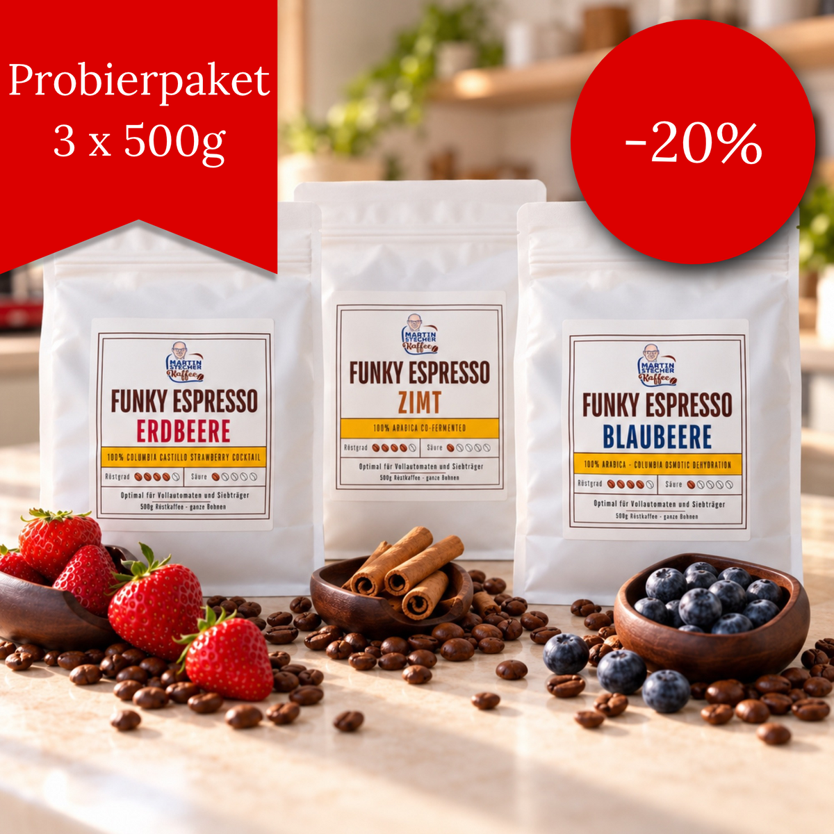 Funky Espresso 3x500g Premium Tasting Paket Erdbeer, Blaubeer und Zimt